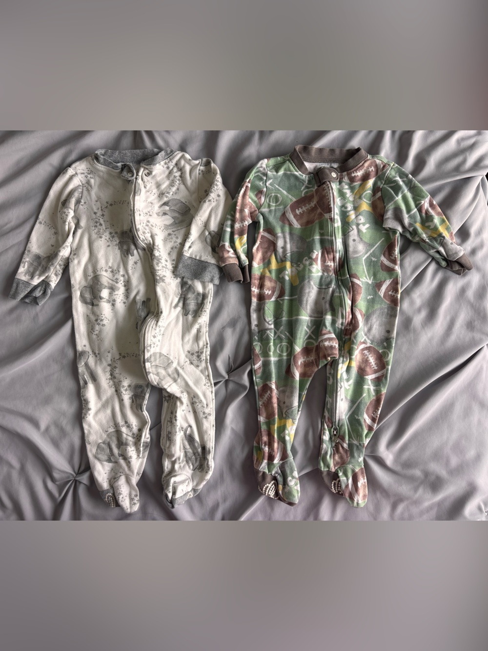 Burts Bees Baby 6-9 M Grey Elephant & Football Print One-Piece Pajama Set of 2